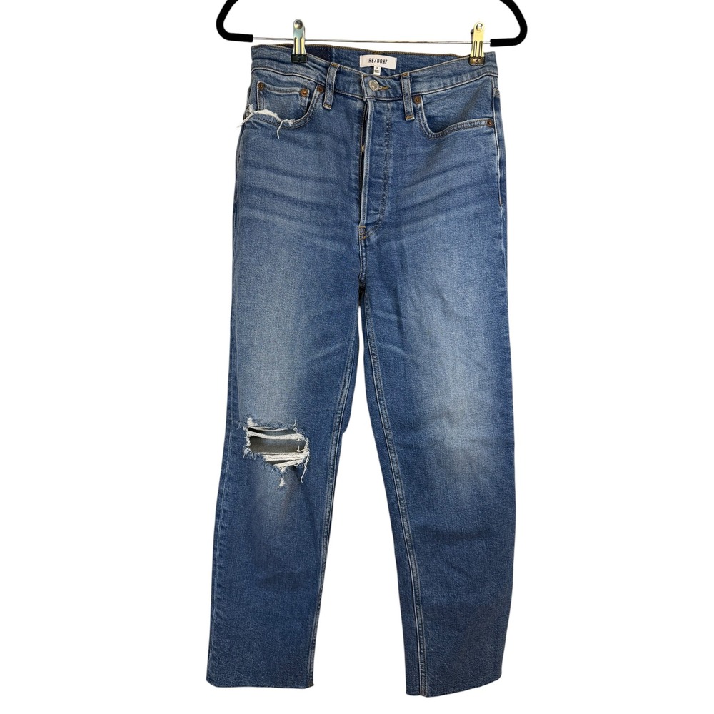 RE/DONE Womens High Rise Stove Pipe Distressed Straight Leg Jeans Blue Size 28